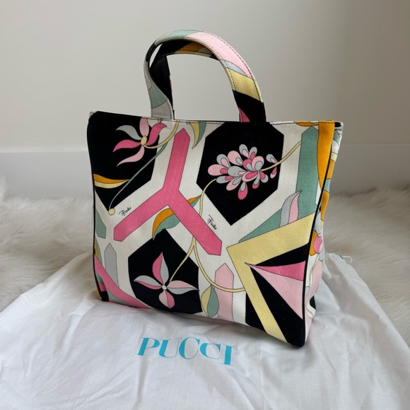 Emilio Pucci Handbags - Emilio Pucci Black Pink Yellow Green Floral Print Canvas Tote